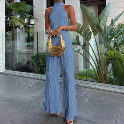 Women's Halter Elastic Waist Polyester Fiber Sleeveless Sports Suit