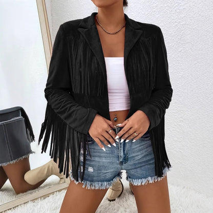 Spring And Autumn Women's V-neck Long Sleeve Fringe Jacket Solid Color Loose Short Coat
