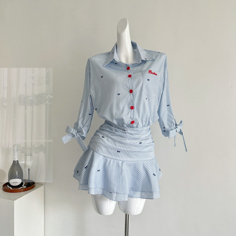 Lapel Half-sleeved And Waisted Shirt Dress Blue And White Striped Dress Ruffles