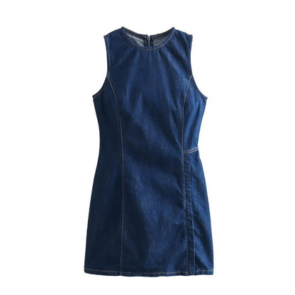 French Fashion Round Neck Slim Fit Denim Sleeveless Dress