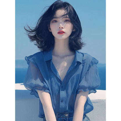 French Style Temperament Blue Puff Sleeve Chiffon Small Shirt