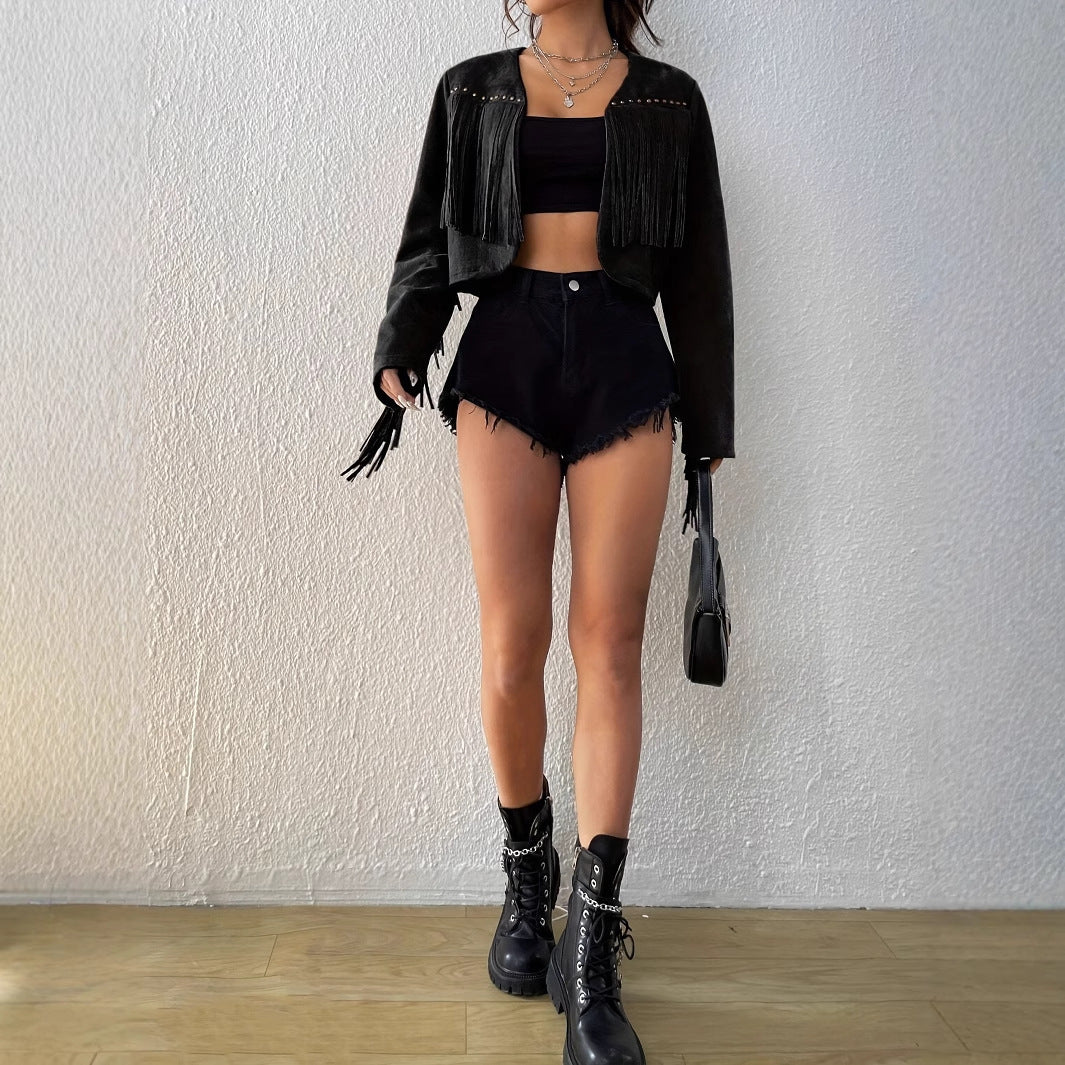 Women's Fashion Solid Color Tassel Rivet Design Front Open Short Jacket