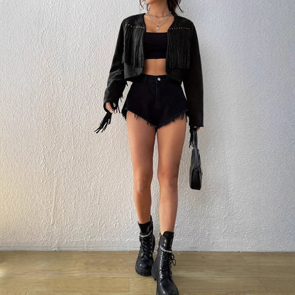 Women's Fashion Solid Color Tassel Rivet Design Front Open Short Jacket