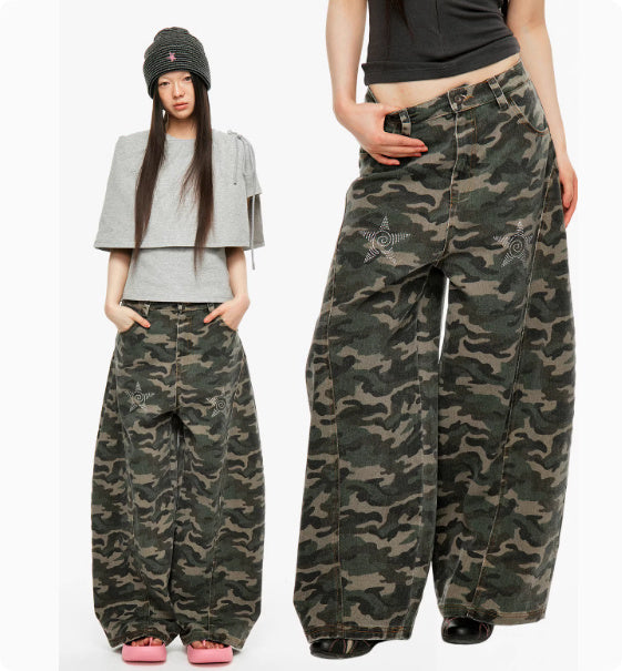 American Retro Jeans Camouflage Washed With Water And Hot Pressed Diamonds For Women