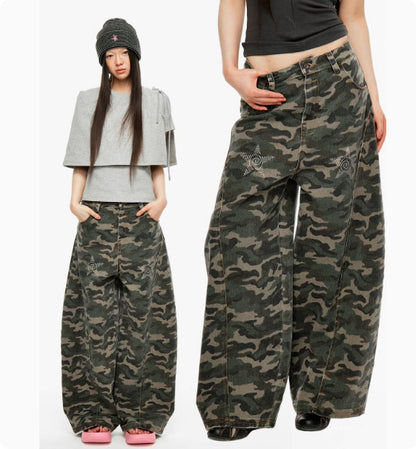 American Retro Jeans Camouflage Washed With Water And Hot Pressed Diamonds For Women