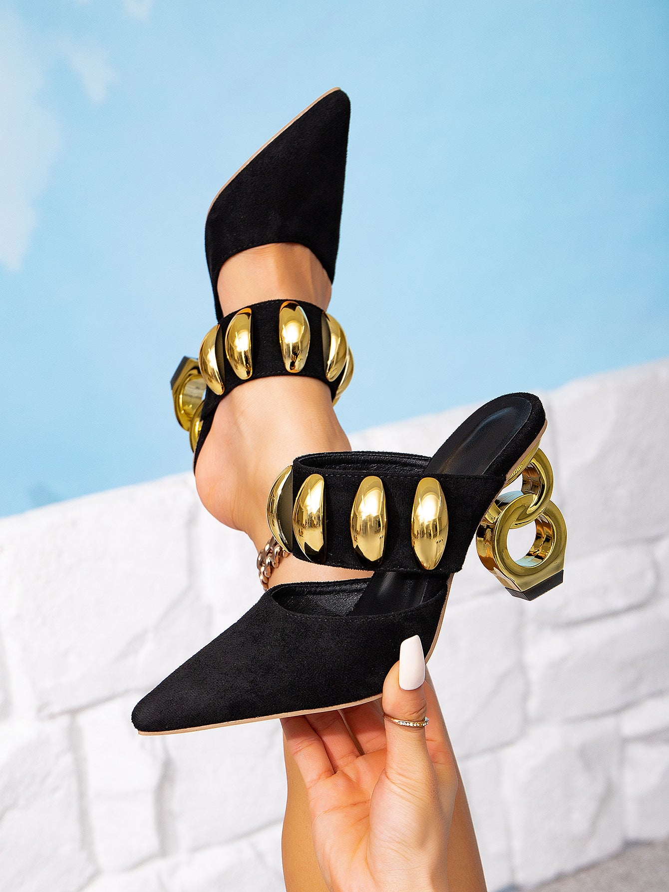Black High-heeled Sandals Shaped High Heel Gold