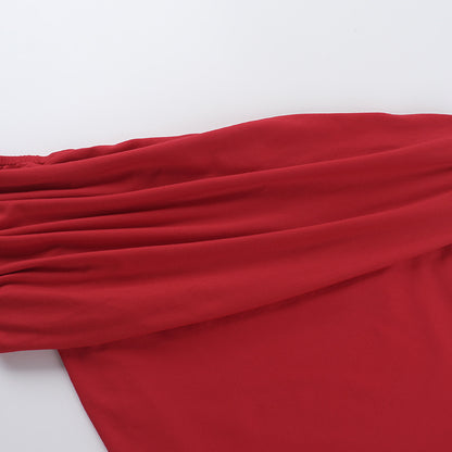 Cloud Sense Oblique Shoulder Fitted Waist Pleated T-shirt