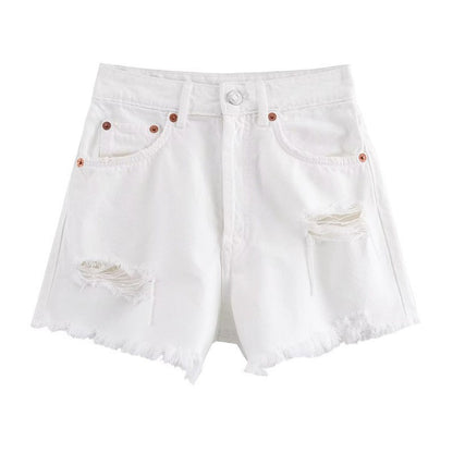 Perforated Hole Decoration High Waist Denim Shorts