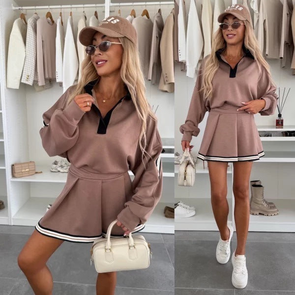 Lapel Sweater Skirt Outfit Women