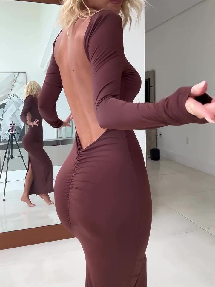 Brown Backless Long Sleeve Maxi Dress
