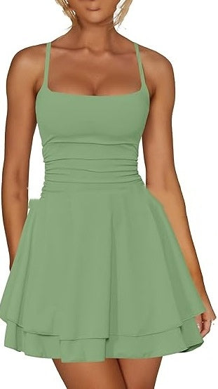 Solid Color Strappy Low-cut Backless Short Dress