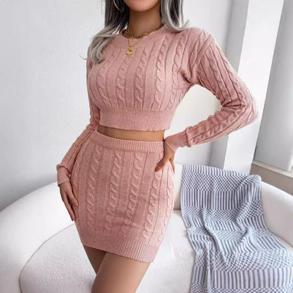 Casual Twisted Knit Crop Sweater And Bodycon Skirt Set
