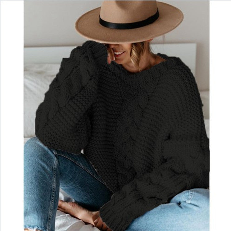 Solid color pullover round neck twist loose sweater