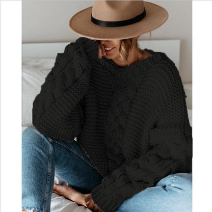 Solid color pullover round neck twist loose sweater
