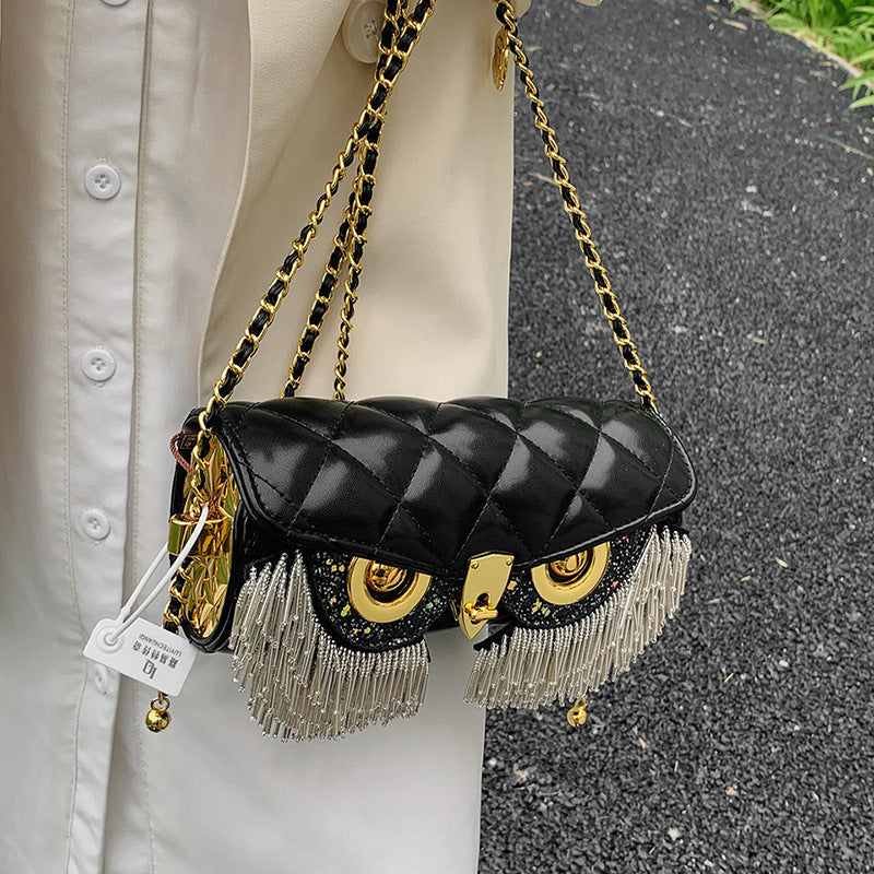 Women's Fashion Rhombus Tassel Owl-shaped Shoulder Chain Bag