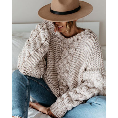 Solid color pullover round neck twist loose sweater