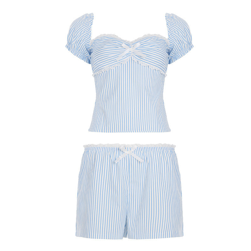 French Pastoral Girl Off-shoulder Lace Fluted Collar Striped Top Shorts Casual Suit