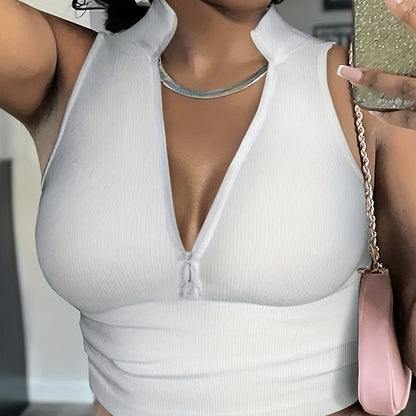 Women's V-neck Short Zipper Design Ribbed Knit Camisole Vest