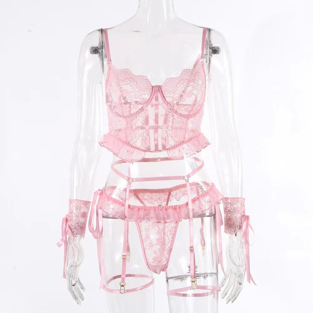 Embroidered Lace Underwear Backless Hollow-out Sexy 4 PCs Set