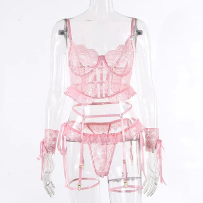 Embroidered Lace Underwear Backless Hollow-out Sexy 4 PCs Set