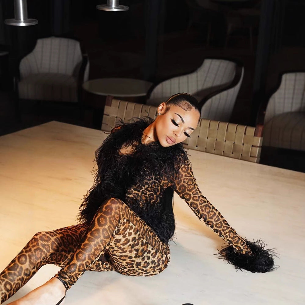 Fur Collar Trendy Lace Up Top Tight Stretch Trousers Suit