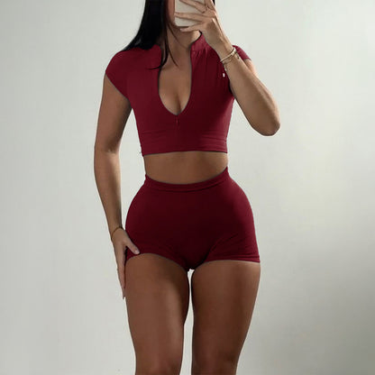 Sports Zipper Short-sleeved Shorts Two-piece Suit