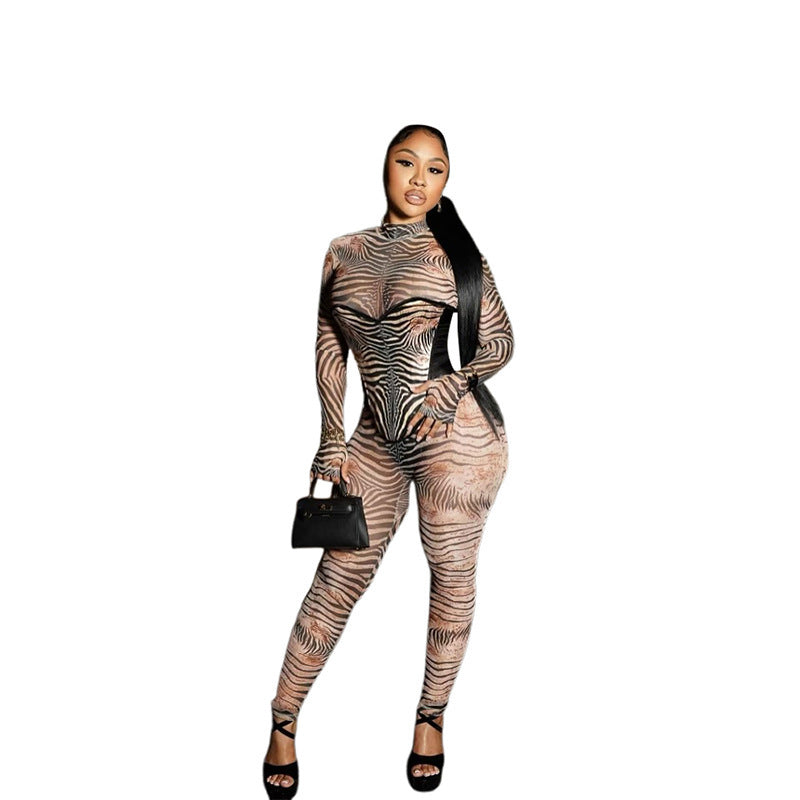European And American Sexy Fashion Zebra Prints Mesh Finger Fit Design Long Sleeve High Waist One-piece Trousers