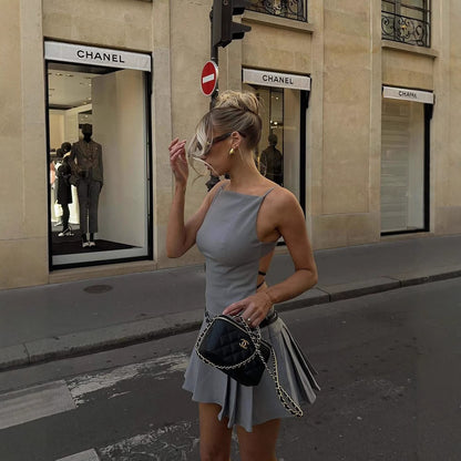 Sexy Sling Backless Belt Pleated Dress