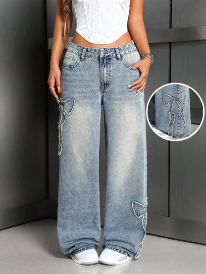 Bow Embroidery Washed Straight Leg Jeans