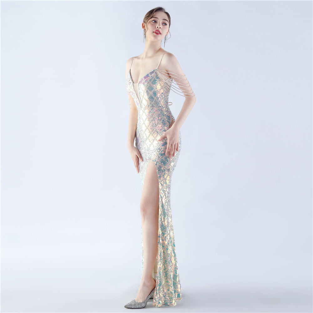 Fishbone Waist-tight Ratchet Tie Down Magic Color Sequin Craft Beaded High-end Evening Dress