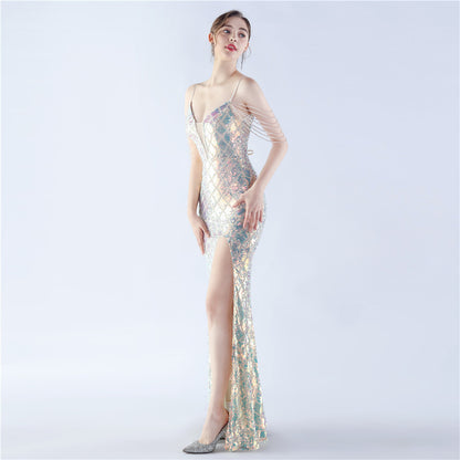 Fishbone Waist-tight Ratchet Tie Down Magic Color Sequin Craft Beaded High-end Evening Dress