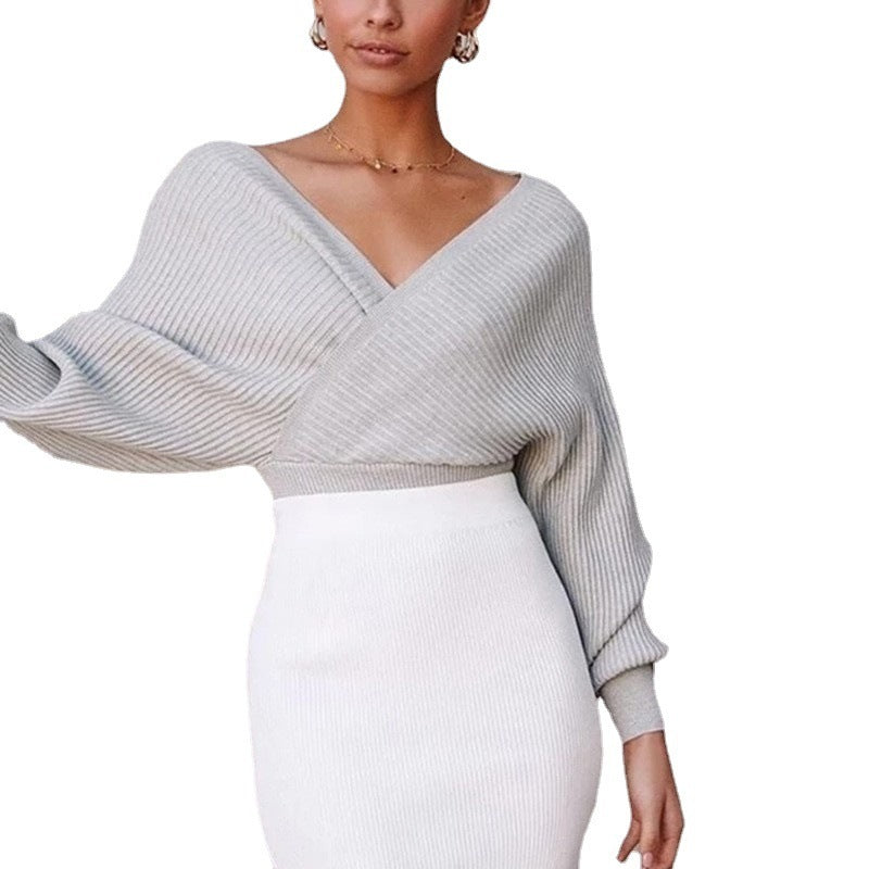 Autumn And Winter Off-the-shoulder Fitted Waist Long-sleeved Sweater Pullover