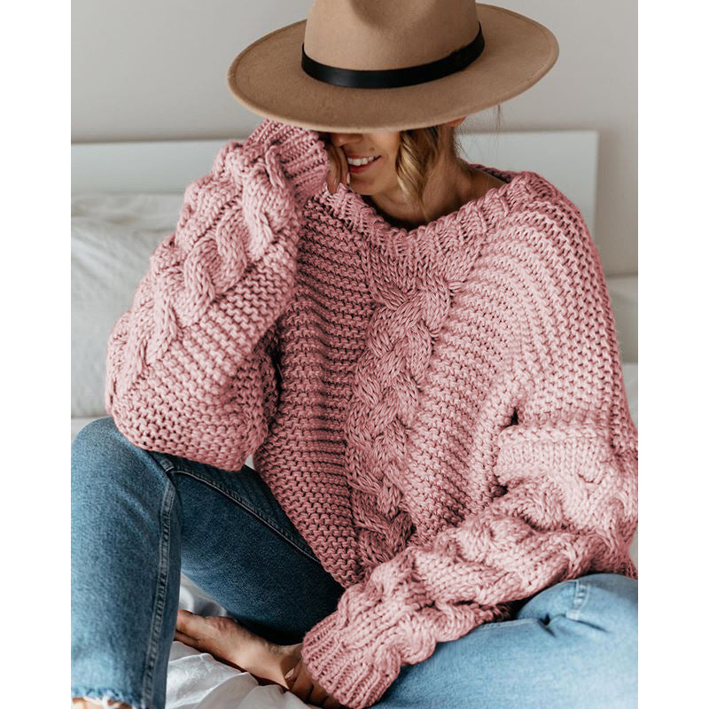 Solid color pullover round neck twist loose sweater