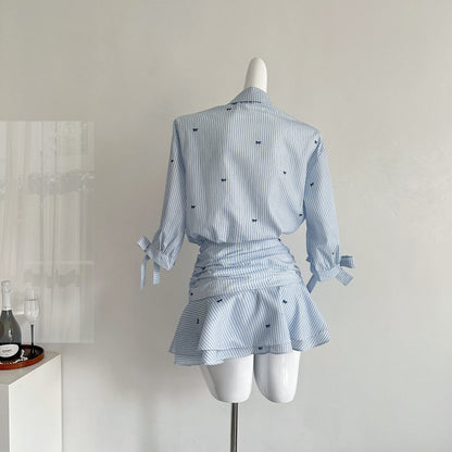 Lapel Half-sleeved And Waisted Shirt Dress Blue And White Striped Dress Ruffles