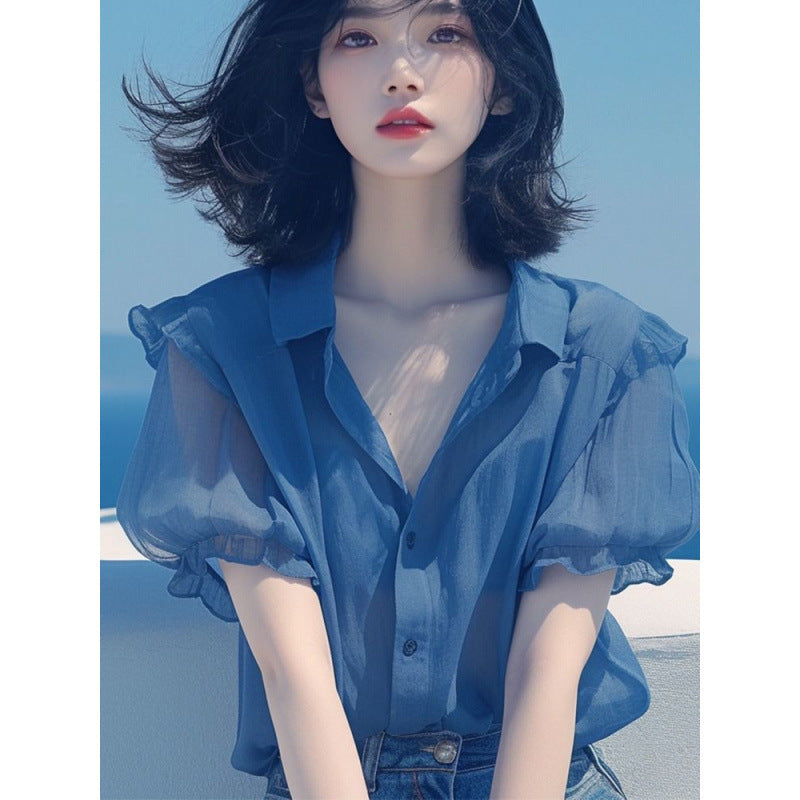 French Style Temperament Blue Puff Sleeve Chiffon Small Shirt