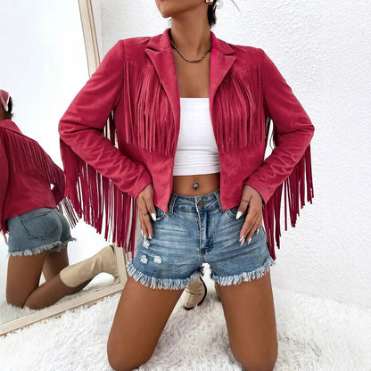 Spring And Autumn Women's V-neck Long Sleeve Fringe Jacket Solid Color Loose Short Coat