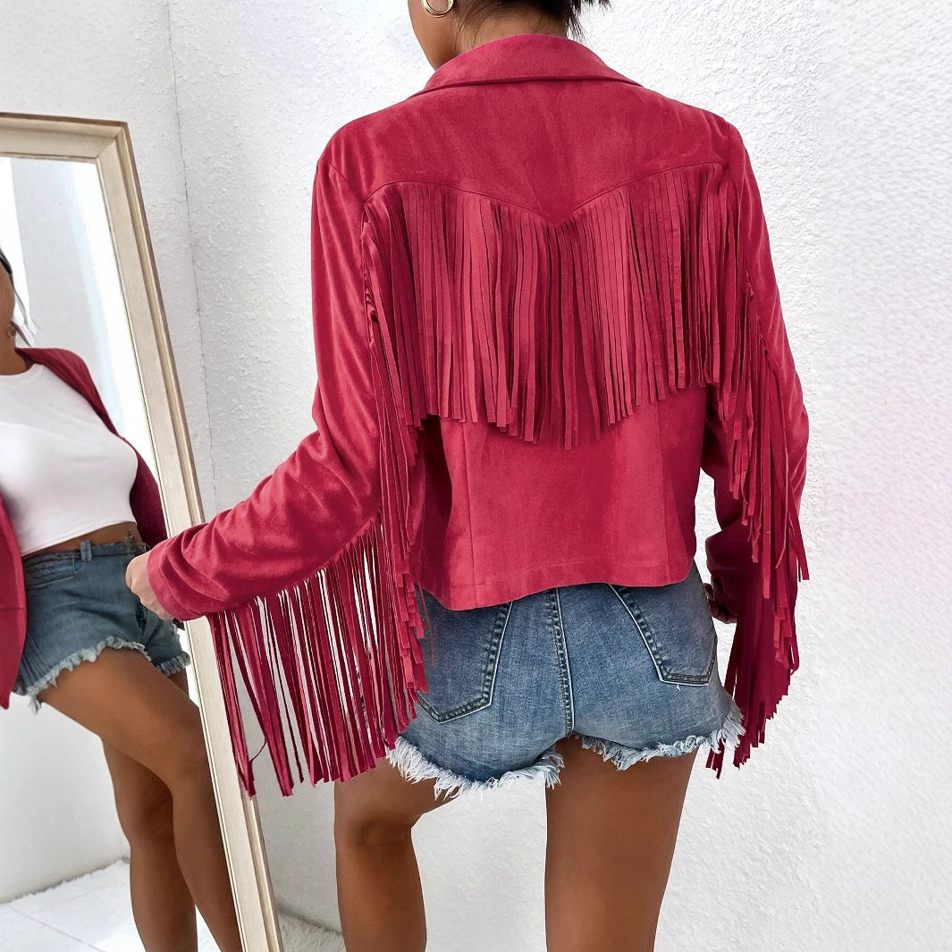 Spring And Autumn Women's V-neck Long Sleeve Fringe Jacket Solid Color Loose Short Coat