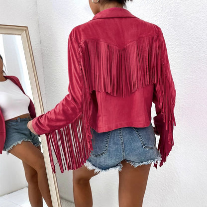 Spring And Autumn Women's V-neck Long Sleeve Fringe Jacket Solid Color Loose Short Coat