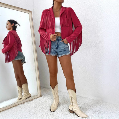 Spring And Autumn Women's V-neck Long Sleeve Fringe Jacket Solid Color Loose Short Coat