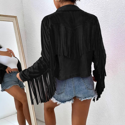 Spring And Autumn Women's V-neck Long Sleeve Fringe Jacket Solid Color Loose Short Coat