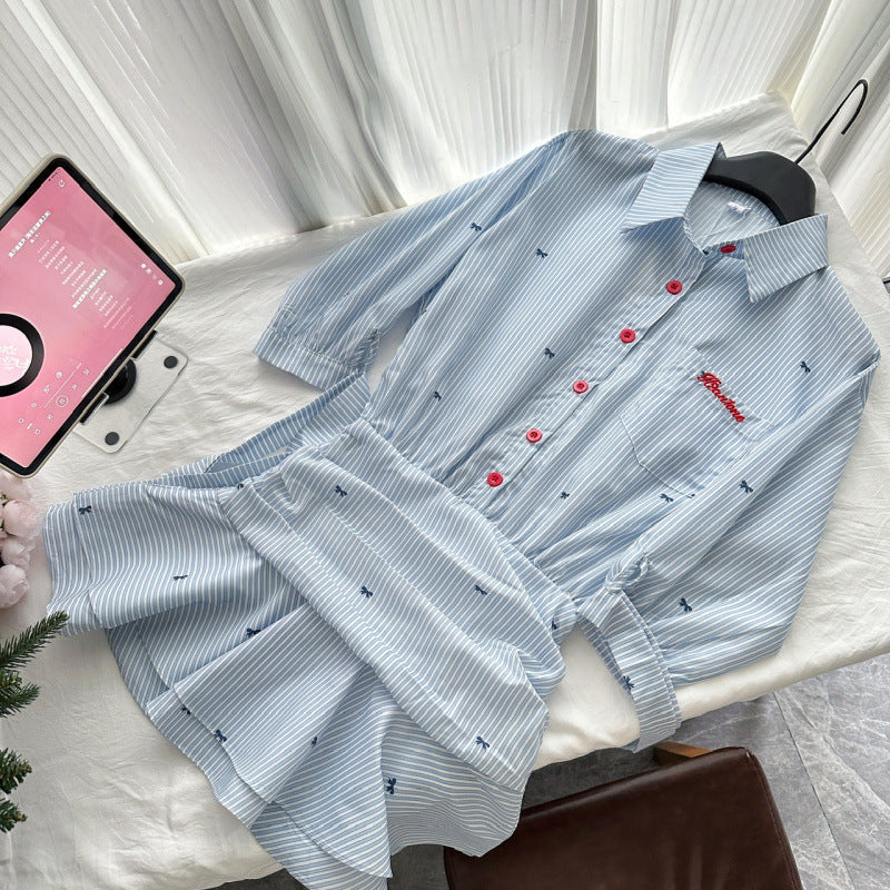 Lapel Half-sleeved And Waisted Shirt Dress Blue And White Striped Dress Ruffles