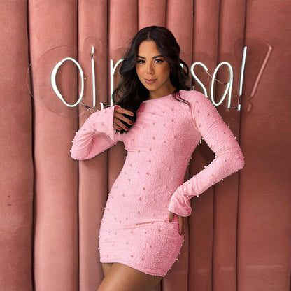 Backless Long Sleeves Beaded Dress Women