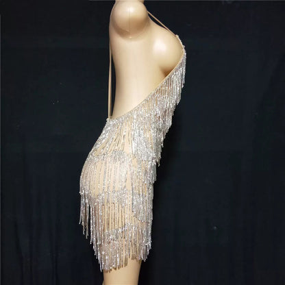 Sexy Deep V Rhinestone Tassel Bulk Evening Gown