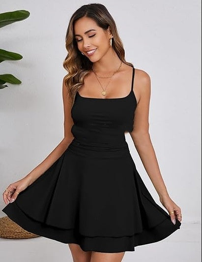 Solid Color Strappy Low-cut Backless Short Dress