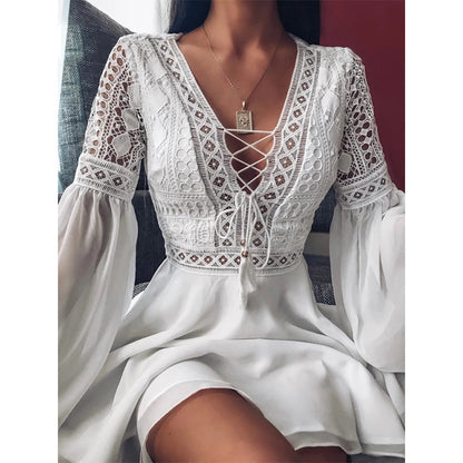 Long Sleeve V-neck Lace Up Hollow Dress Short