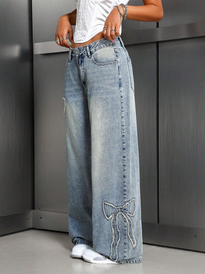 Bow Embroidery Washed Straight Leg Jeans