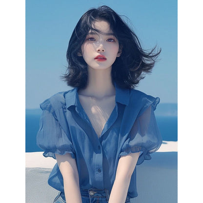 French Style Temperament Blue Puff Sleeve Chiffon Small Shirt