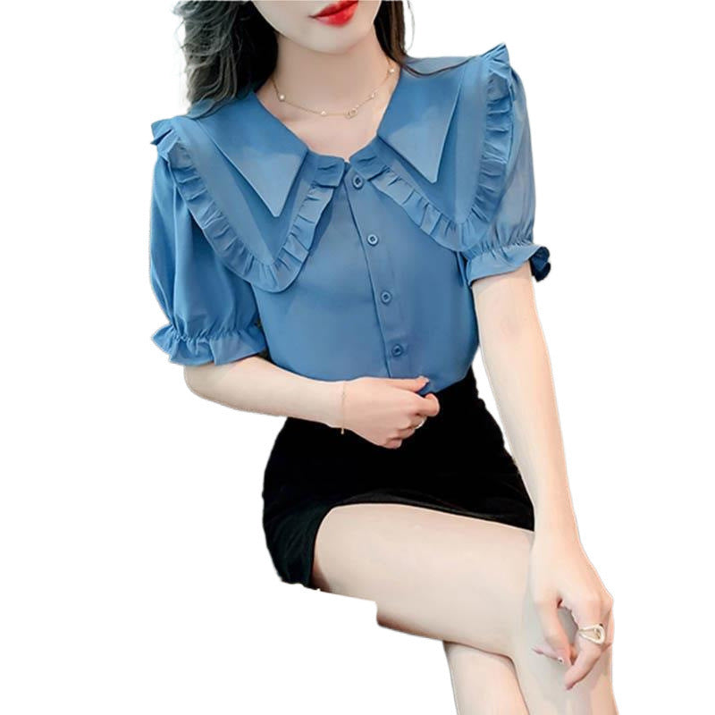 Double Doll Collar Short Sleeve Chiffon Shirt