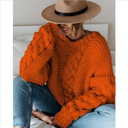 Solid color pullover round neck twist loose sweater