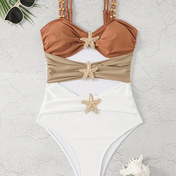 Fashion Stitching Metal Buckle One-piece Swimsuit